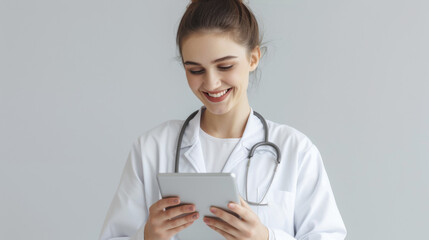 Poster - woman in a white lab coat with a stethoscope around her neck, looking down and smiling at a tablet she is holding