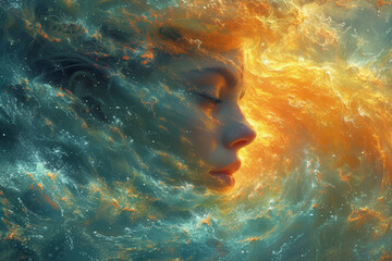 Wall Mural - a visionary artwork of a person enveloped in waves of vibrant energy, symbolizing psychic awakening.