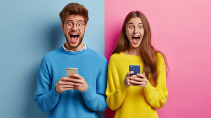 Sticker - man and a woman are standing against a split background, pink and blue, respectively