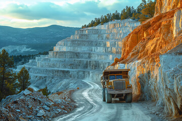 Trucks are coming from the quarries loaded with ore.