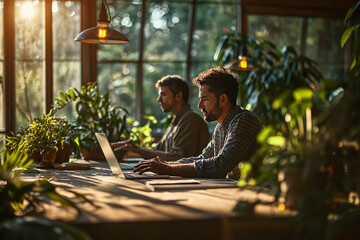 Businessman with solar panel and colleague with laptop talking in office