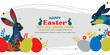 Happy Easter banner with frame made of eggs  bunnies and spring flowers in flat style. vector illustration