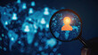 © kiatipol - Human icon inside of magnifier glass with world map for customer focus analysis target group and customer relation management concept.