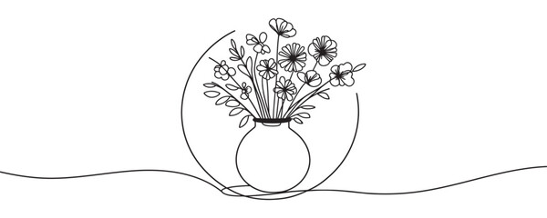 Wall Mural - vase with flowers in one line. continuous drawing of a vase with a bouquet of flowers