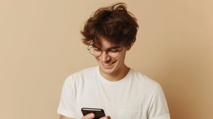 Wall Mural - young man with curly hair wearing glasses and a white T-shirt, smiling while looking at his smartphone