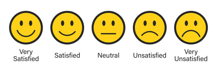 Wall Mural - Rating emojis set in yellow color with black outline. Feedback emoticons collection. Very satisfied, satisfied, neutral, very unsatisfied emojis. Flat icon set of rating and feedback emojis icons.