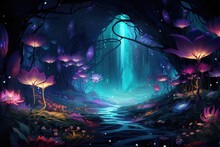 Underwater Scene With Purple Tulips And Dark Forest. 3D Rendering, Show An Abstract Fantasy Space With Plants And Glowing Flowers, AI Generated