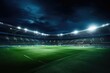 An image capturing the tranquil ambiance of an empty soccer stadium with a vibrant green field, Universal grass stadium illuminated by spotlights and an empty green grass playground, AI Generated