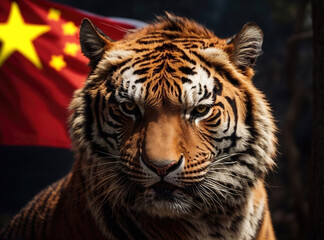 Wall Mural - Tiger with Chinese Flag Background