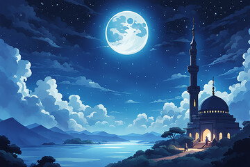 A silhouette of a big mosque on Blue full moon in night background. Ramadan concept