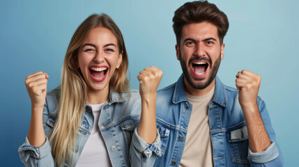 man and a woman are both cheering excitedly with their fists raised, wearing denim jackets, against a blue background