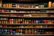 A close-up of a shelf with neatly organized canned products and pantry basics