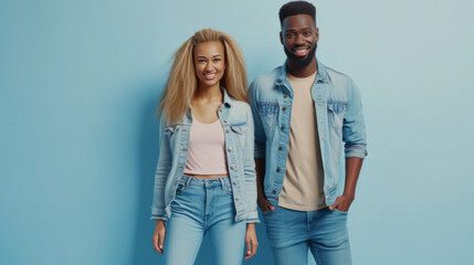 Canvas Print - happy young couple dressed in denim, the woman with long blonde hair and the man with a beard, both smiling and standing against a light blue background