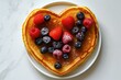Berries on a pancake fashioned like a heart. Generative Ai.