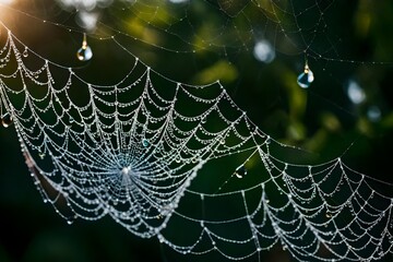 Close-up of dewdrops on spiderwebs producing a lovely and sparkling pattern in the early morning light of the woodland.