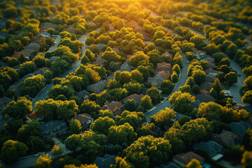 Sticker - An aerial capture of a dense urban sprawl transitioning into the countryside, showing the contrast between city and nature. Concept of urban expansion and rural tranquility. Generative Ai.