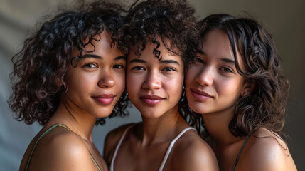 Sticker - Three young women with diverse skin tones are posing closely together, smiling