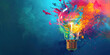 Creative light bulb explodes with colorful paint and colors. New idea, brainstorming, business, technology concept. 