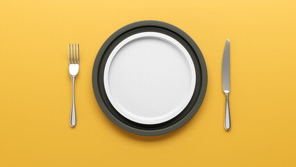 Top view of Empty black and white ceramic plate set on yellow, 3D render