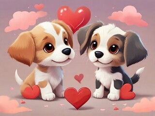 Wall Mural - Happy light brown puppy, dark brown puppy with big ears, red hearts, Valentine's Day, pink background with small clouds