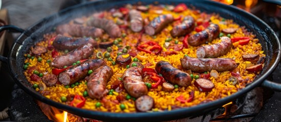 Sticker - Cooking paella from a top view with smoked sausages on the pan.