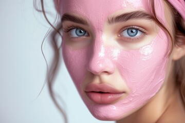 Wall Mural - beautiful girl close-up with a pink cosmetic mask on her face. facial skin care. cosmetology