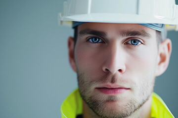 Engineer wearing a hard hat, with a focus emotion, on blurry plain background