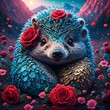 Hedgehog with roses and flowers in the forest 