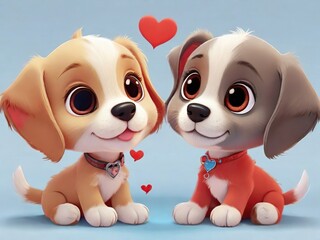 Wall Mural - A beautiful little light brown puppy and next to it a light grey other puppy in a red sweater, 3D, neutral blue background, hearts in the background