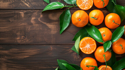 Wall Mural - a bunch of oranges with leaves on a wooden surface
