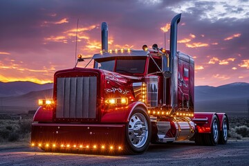 Red american semi truck with ligts on at the backdrop of evening sky. Cargo transportation, automotive design