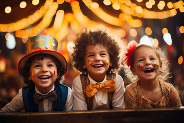 Happy children smiling in an amusement park with carousels in the background. Generated by artificial intelligence