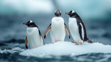 Three Penguins Floating On The Ocean Waters On A Iceberg Melting Slowly Into The Sea