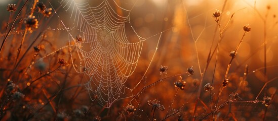 Poster - Blurred autumn spider web, dry wild plants.