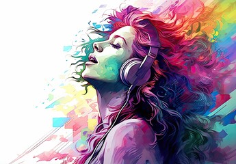 Wall Mural - Portrait of a woman wearing headphones in watercolor style. The girl is listening to music and singing. The concept of expressing bright joyful emotions. Energy of youth and enjoyment of life.