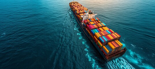 Wall Mural - Aerial view of container cargo ship sailing in the sea, showcasing its impressive size and presence.