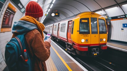 Young man on underground station platform, checking mobile phone while waiting for train
