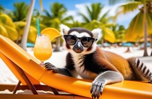 Cocktail Paradise: Happy Lemur Catta Chillin' With A Cocktail On A Picturesque Sandy Shore.Vacation, Holiday And Relax Concept.