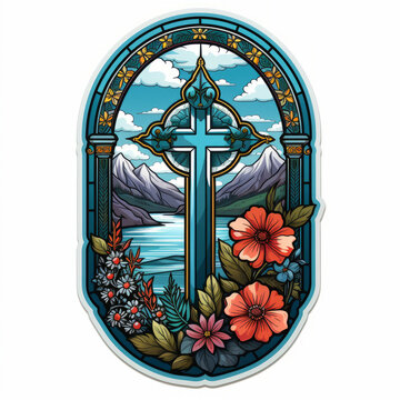 Stained Glass Style Illustration with Cross and Floral Elements

