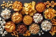 An array of savory snacks, from buttery popcorn to crunchy corn chips, temptingly arranged in a variety of bowls for a cozy indoor gathering