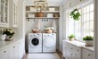 A narrow galley-style laundry room with a modern farmhouse design
