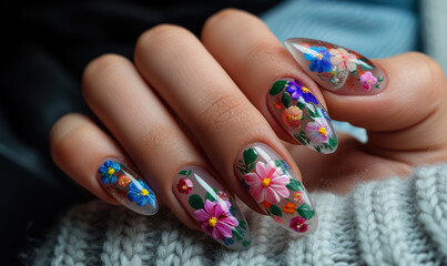 Wall Mural - cozy spring  inspired floral nail art on a woman's hand in a knitted sweater, spring concept  