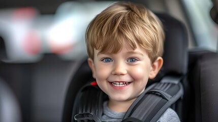 Happy young boy sitting in a car safety seat, concept of safe travel and transportation