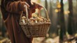 a woman carrying a wicker basket filled with freshly foraged mushrooms in the autumn forest, the rustic basket and the bounty of edible treasures within