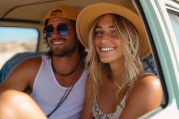 Canvas Print - A happy couple enjoying a sunny summer day in their stylish car, with the woman donning a fashionable sun hat and sunglasses