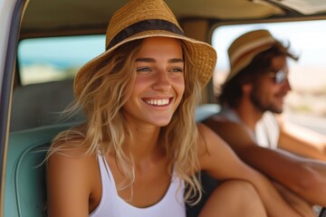 Canvas Print - A fashionable woman wearing a wide-brimmed sun hat smiles happily in the back of her car, while her companion looks on wearing a fedora, capturing the carefree essence of a summer day