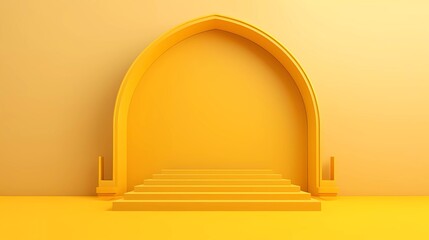 Canvas Print - 3d illustration Islamic theme product display background in minimal yellow design. Mosque portal frame with podium and empty space. generative ai