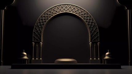 Canvas Print - 3d illustration Islamic theme product display background in minimal black design. Mosque portal frame with podium and empty space. generative ai