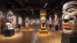 Indigenous art installations and exhibitions honoring the culture and history.Traditional indigenous totem poles displayed in a cultural history museum