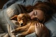A peaceful slumber shared between a woman and her loyal canine companion, finding comfort and warmth in each other's embrace on a cozy bed